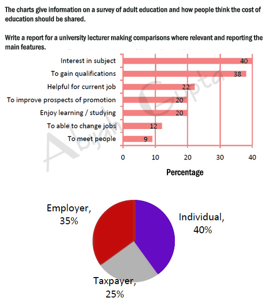 Bar chart showing why adults return to education, and a pie chart showing who people think should pay for adult education.